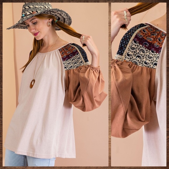 EASEL Tribal Aztec Print Silky Balloon Bubble Sleeve Top Jersey - T-Shirt Bodice - Picture 8 of 12